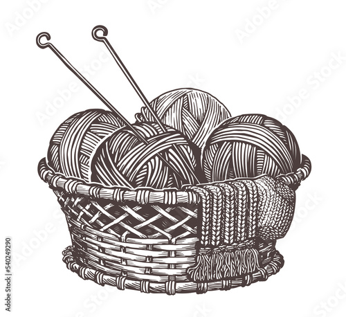 Set for handmade knitting. Basket with balls of yarn and knitting needles. Vintage vector sketch vector illustration