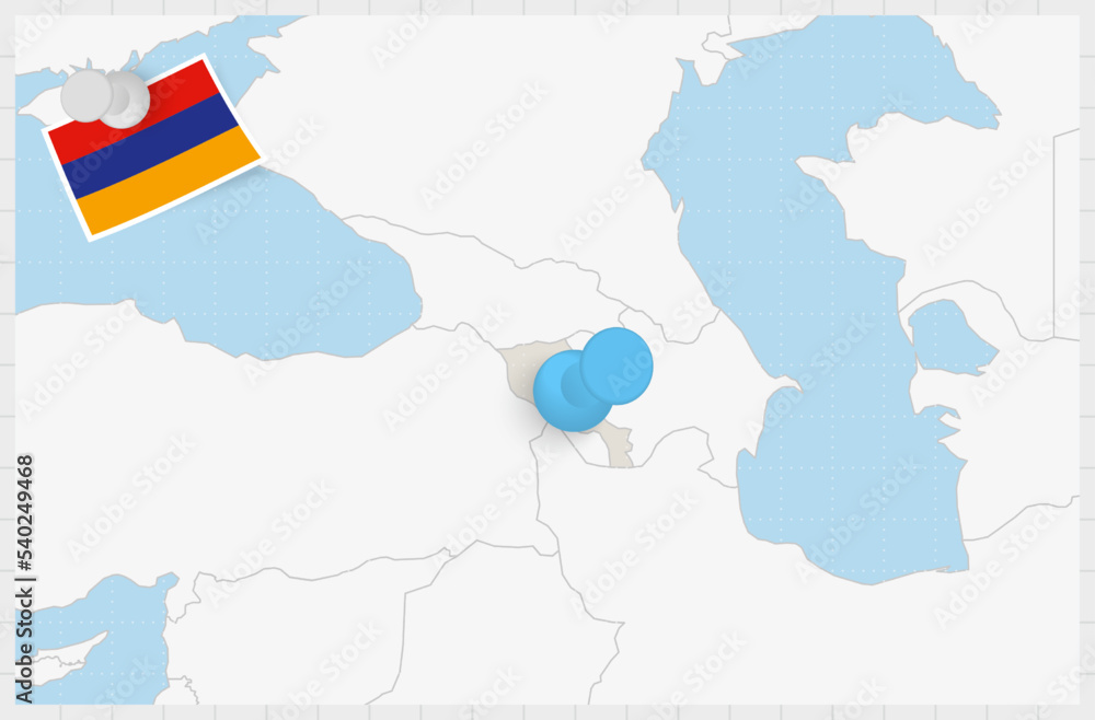 Map of Armenia with a pinned blue pin. Pinned flag of Armenia.