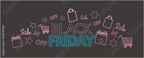 Black Friday concept neon lettering graphic illustration. Black Friday sale decoration background. Vector illustration. Neon sigh graphic for Black Friday promotion. 