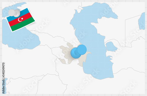 Map of Azerbaijan with a pinned blue pin. Pinned flag of Azerbaijan.