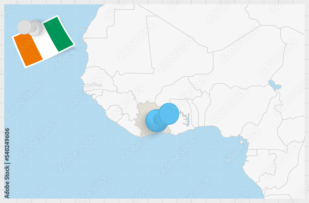 Fototapeta premium Map of Ivory Coast with a pinned blue pin. Pinned flag of Ivory Coast.