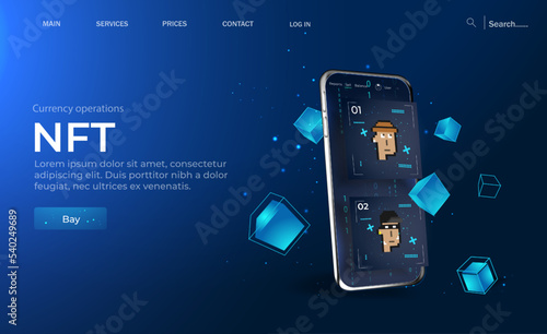 Concept of NFT ,non-fungible token with network vector on dark background. Vector illustration concept nft banner for website. Non-renewable token. Vector illustration.