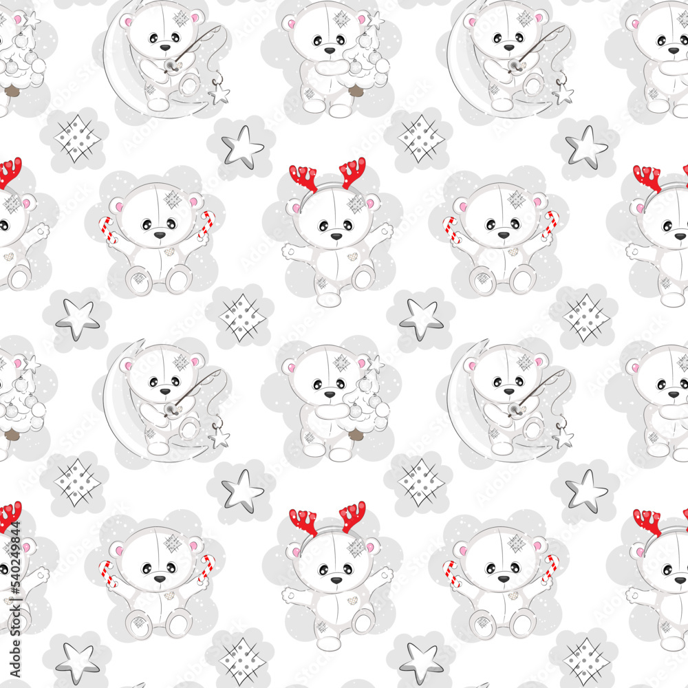 Seamless pattern with a white Christmas bear, vector illustration