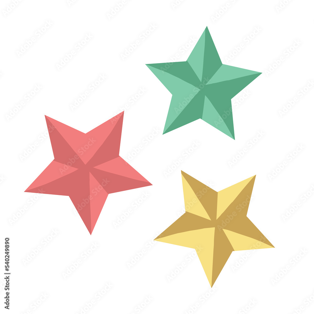 Obraz premium Vector 3D Gold Stars Design Elements on white background. Shining Stars Decorative Design. golden, Green and Pink Stars for Christmas Celebration or for any other concept. 3D Stars Elements