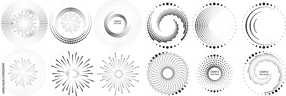 Abstract geometric circles with halftone dots. Vector rotating dotted Line Design . Transparent design element . Concentric circles logo set .Minimal art Abstract geometric circles with halftone dots. Vector rotating dotted Line Design . Transparent design element . Concentric circles logo set .Minimal art