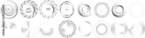 Abstract geometric circles with halftone dots. Vector rotating dotted Line Design . Transparent design element . Concentric circles logo set .Minimal art 