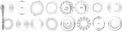Abstract geometric circles with halftone  dots. Vector rotating dotted Line Design . Transparent design element . Concentric circles logo set .Minimal art 
