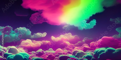 Abstract fantasy landscape. Cumulus neon clouds against night purple sky. Beautiful Natural wallpaper. 3D illustration.