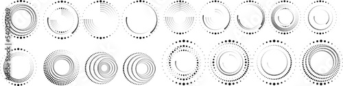 Abstract geometric circles with halftone  dots. Vector rotating dotted Line Design . Transparent design element . Concentric circles logo set .Minimal art 