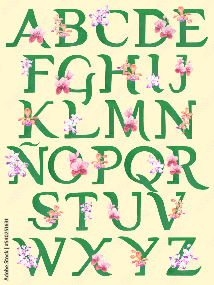 Philippine vanda orchid alphabet poster in green with yellow background