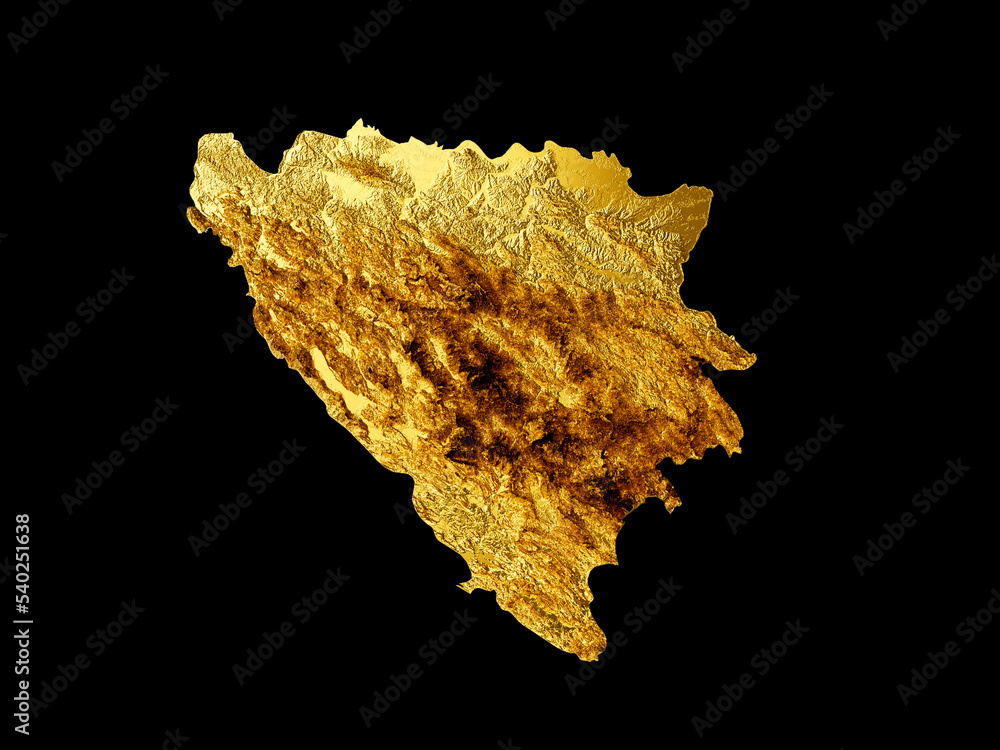 Bosnia Map Golden metal Color Height map Background 3d illustration Bosnia Map Golden metal Color Height map Background 3d illustration