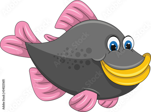 Fish black with pink fin fat and smile funny cartoon vector illustration