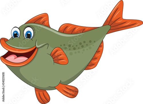 Fish green and orange fin with big smile fat cartoon vector illustration