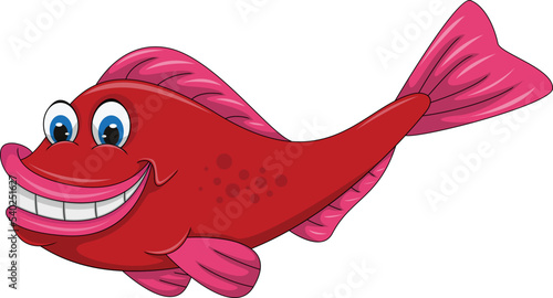 Fish red funny and cute smile with big teeth cartoon vector illustration