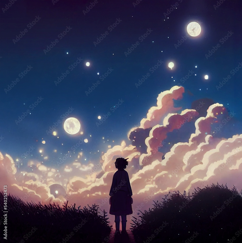Silhouette of kid looking the sky at night. Anime boy watching star on blue sky with pink clouds. Anime, manga style painting, drawing. Romantic or sad feeling