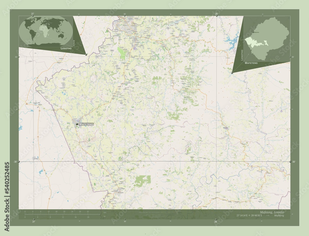 Fototapeta premium Mafeteng, Lesotho. OSM. Labelled points of cities