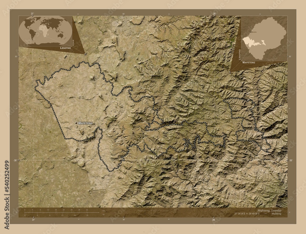 Obraz premium Mafeteng, Lesotho. Low-res satellite. Labelled points of cities