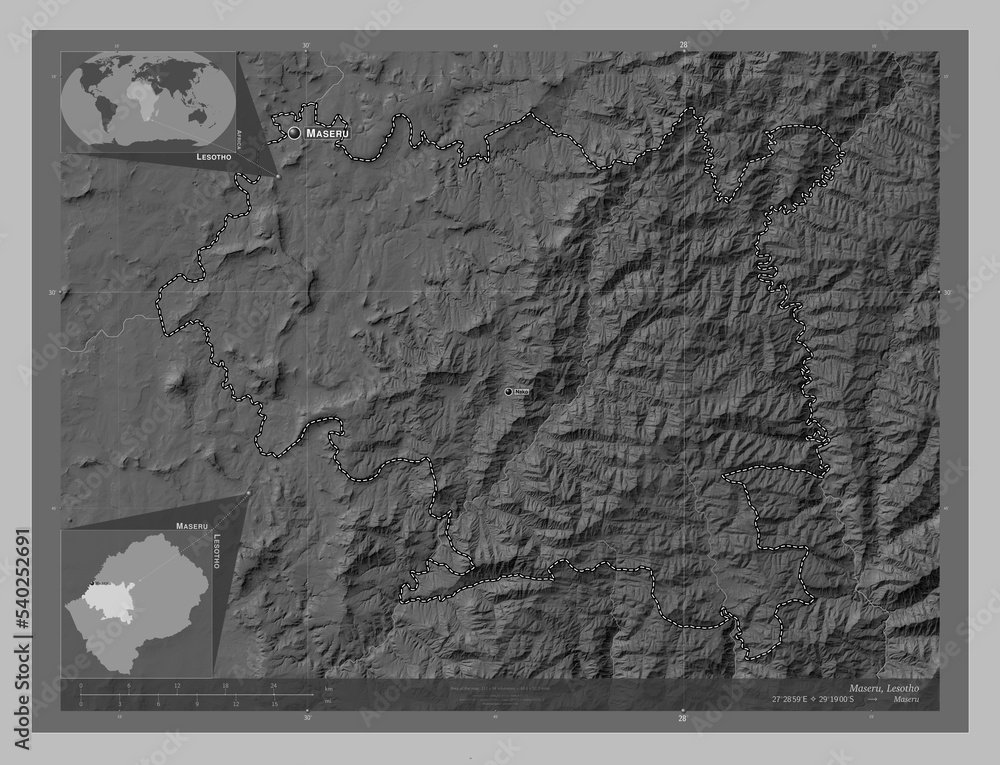 Fototapeta premium Maseru, Lesotho. Grayscale. Labelled points of cities