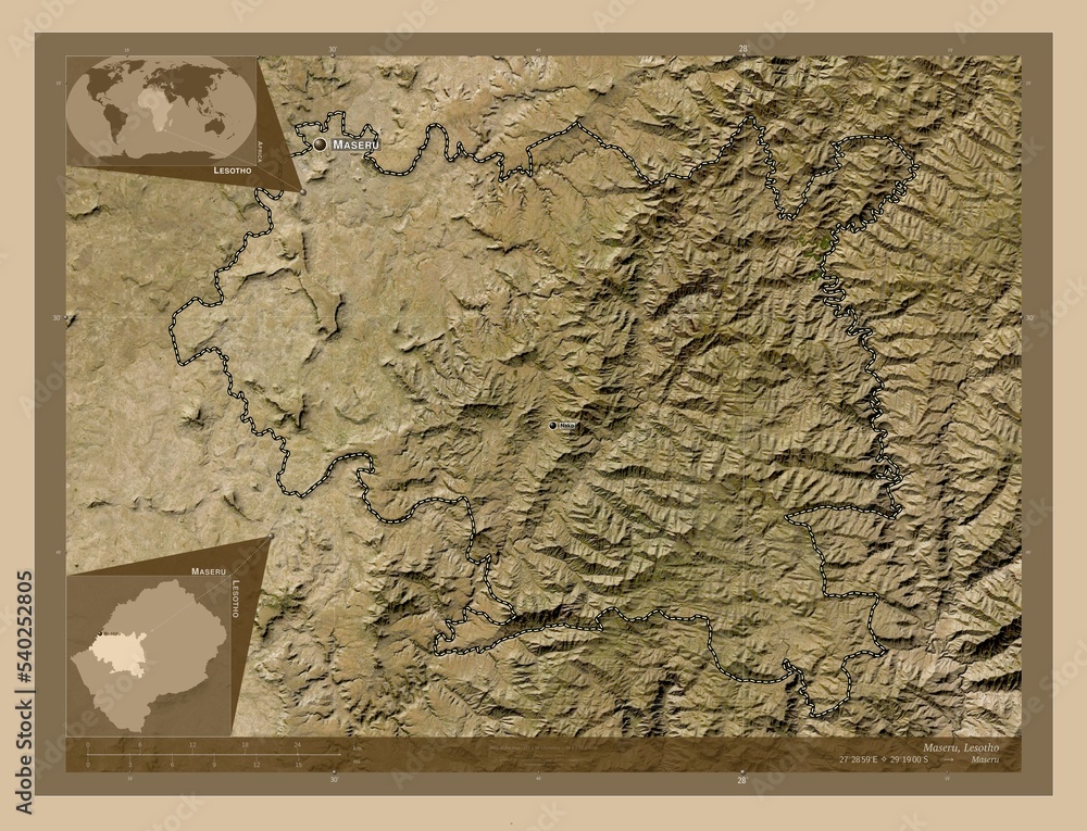 Fototapeta premium Maseru, Lesotho. Low-res satellite. Labelled points of cities