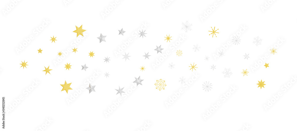 new year pattern. Christmas theme, golden openwork shiny snowflakes, star, 3D rendering.