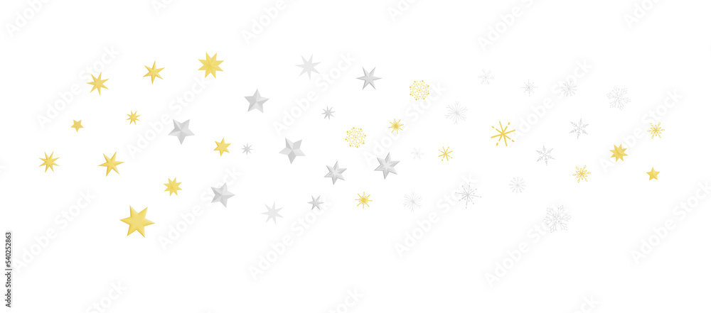 new year pattern. Christmas theme, golden openwork shiny snowflakes, star, 3D rendering.