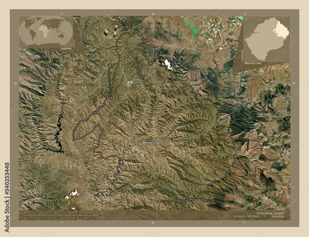 Fototapeta premium Mokhotlong, Lesotho. High-res satellite. Labelled points of cities
