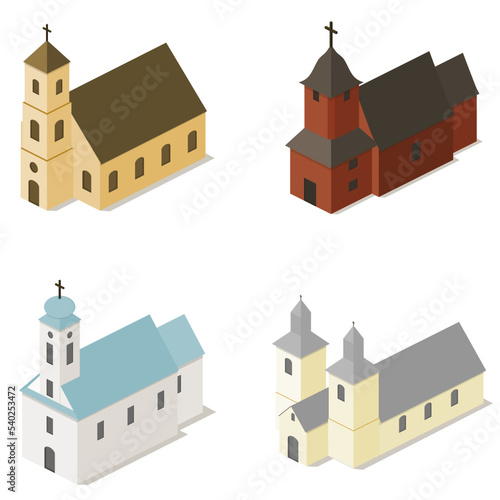 Simple churches collection, izometric elements, religion architectures.  European architecture. photo