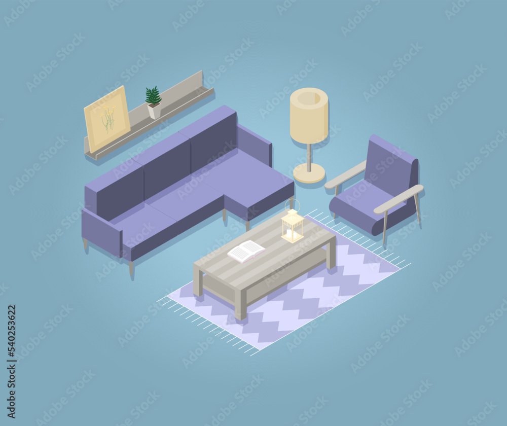 Image (set) of a living room in isometry. Each item in a separate group