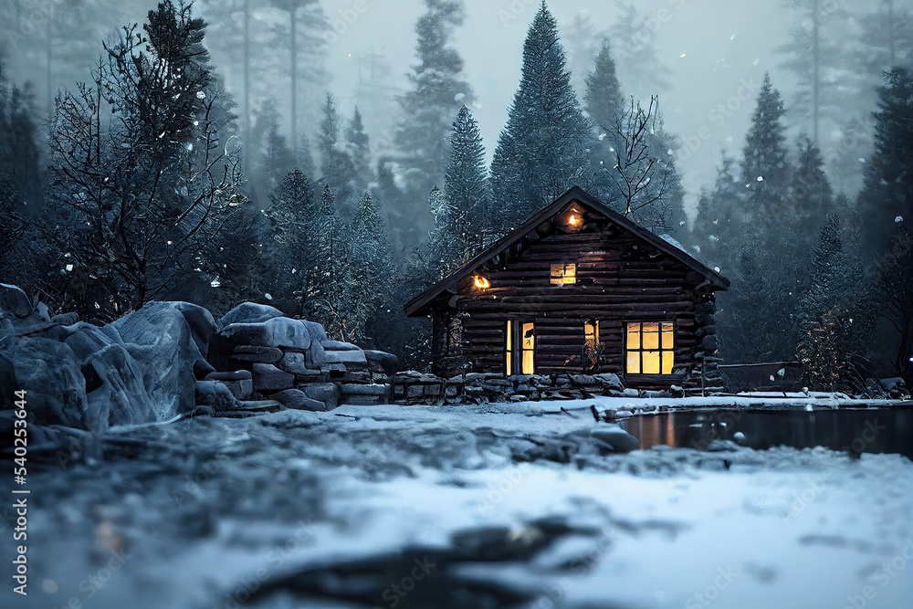 log cabin in winter forest