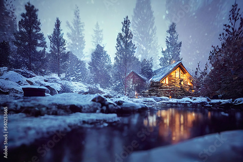 Fototapete log cabin in winter forest