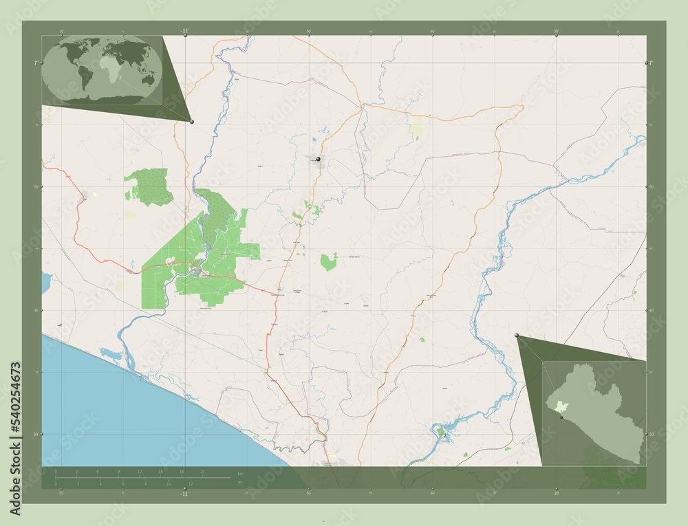 Bomi, Liberia. OSM. Major cities