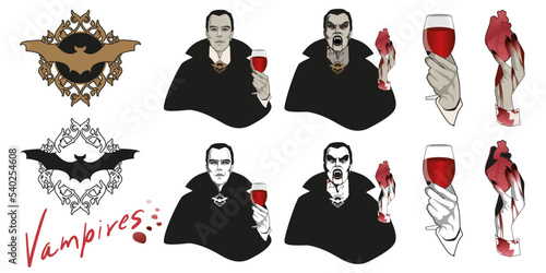 Vampire related clipart set. Elegant vampire holding wine glass and bleeding heart. Bat emblems. Scary illustrations isolated on white background.