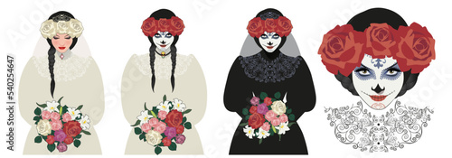 Three versions of a woman dressed in ancient clothes, light and dark, carrying flowers, veil and bridal bouquet. Mexican Day of the Dead makeup and styling