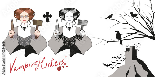 Vampire hunter dressed in Victorian fashion holding stake and hammer and carrying a cross. Ravens in the branches of a tree and a castle surrounded by bats. Illustrations isolated on white background.