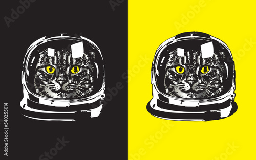 Space Cat in Astronaut Helmet Vector Illustration. Vintage Grungy T-Shirt Design with High Contrast Black and Yellow Palette. Cool Astrocat Mascot for Merch and Poster.