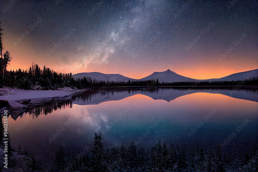 Obraz premium winter landscape night stars milky way