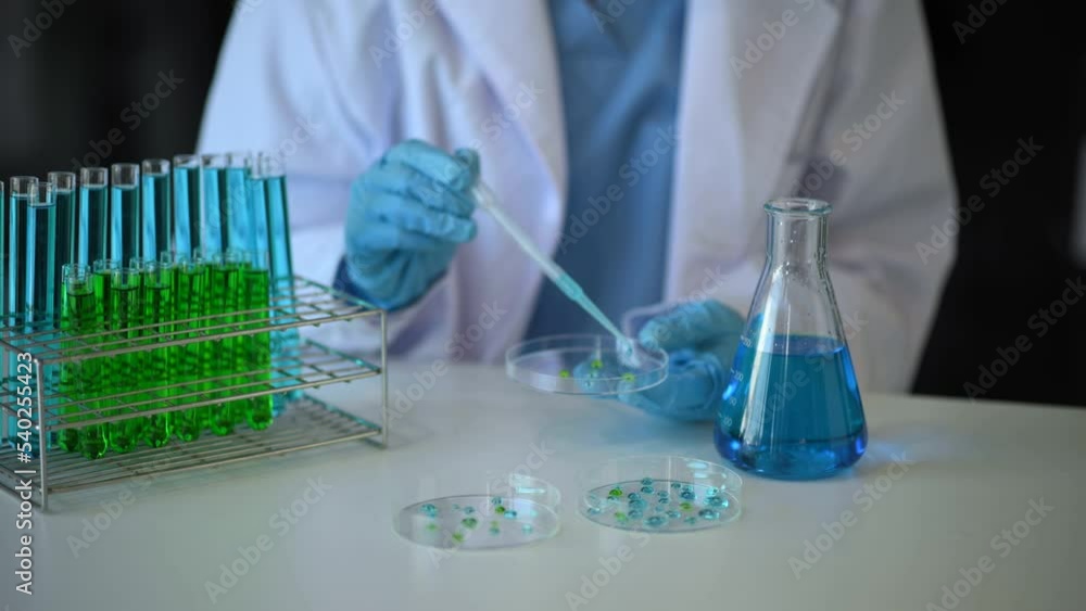 Female scientist researcher conducting an experiment working in the chemical laboratory. Female scientist researcher conducting an experiment working in the chemical laboratory.