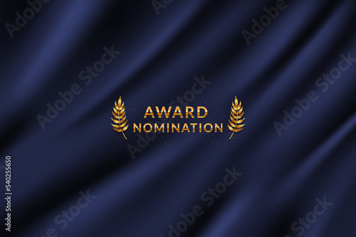 Award nomination ceremony luxury background with dark blue curtain cloth drape with golden wreath leaves photo