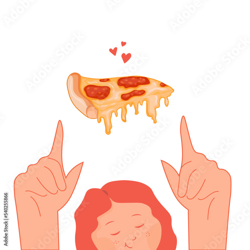 vector illustration of pizza. the girl points to a piece of pizza. pizzeria. pizza ad greeting card with pizza. paneer pizza good offer discount. a slice of pizza