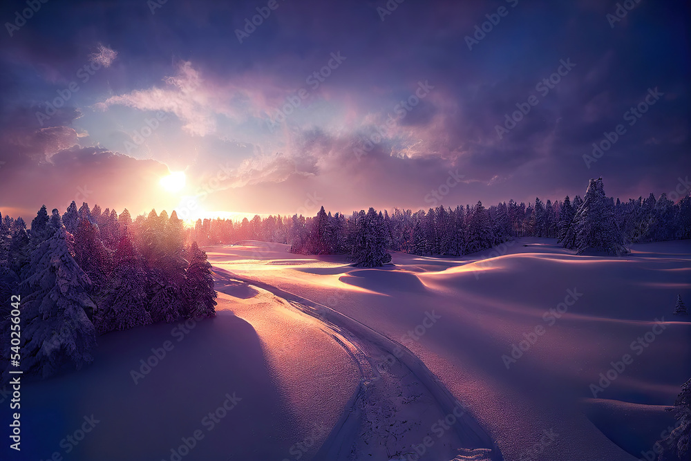 winter landscape sunset snow forest and hills