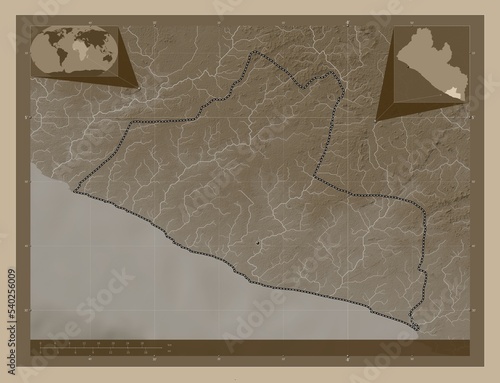 Grand Kru, Liberia. Sepia. Major cities photo