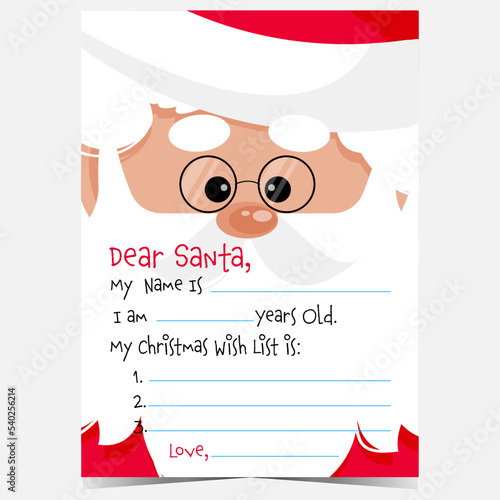 Christmas postcard or letter template to fill with a message and wish list and send it to Santa Claus during winter holidays celebration. Ready to print vector illustration.