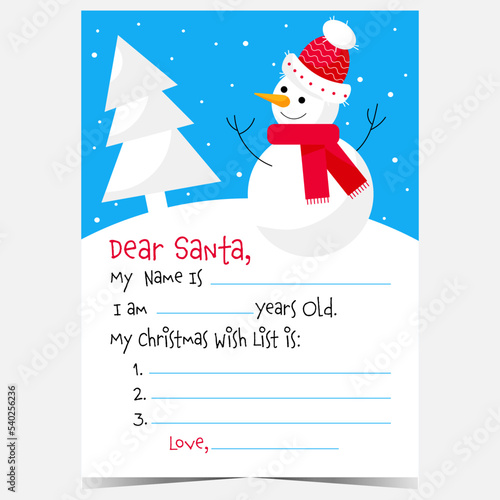 Christmas letter to Santa vector template. Christmas postcard with wish list, winter decoration, snowflakes and snowman. Decorated paper sheet to fill in and send to Santa Claus.
