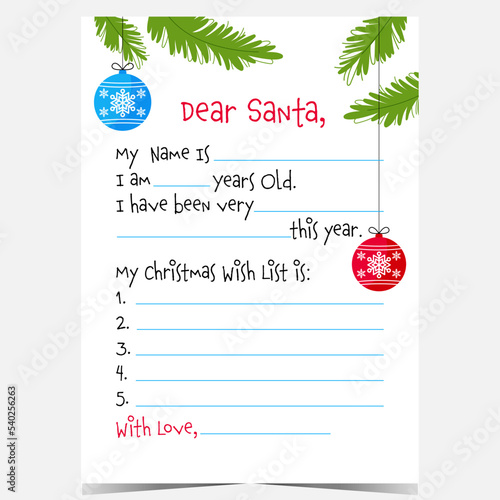 Christmas wish list to send to Santa Claus. Vector Christmas postcard with holiday decorations and Dear Santa letter template to fill in. Ready to print vector illustration.