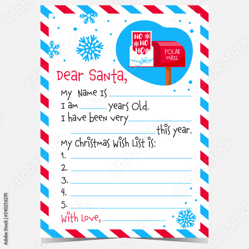 Photo Christmas letter to Santa with blank template, polar mail postbox, snowflakes and air mail envelope with the blue red stripes frame