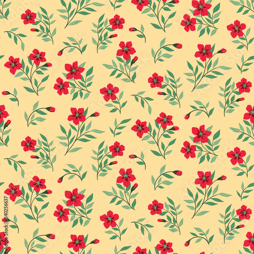 Seamless floral pattern, vintage botanical print with red flowers in abstract arrangement. Beautiful flower background design with wild plants, flowers on stems, leaves. Vector floral illustration.