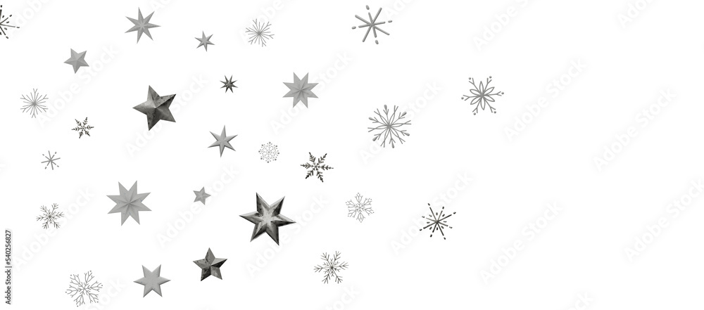 With Realistic Snowflakes Overlay On Light Silver Backdrop. Xmas Holidays With Realistic Snowflakes Overlay On Light Silver Backdrop. Xmas Holidays