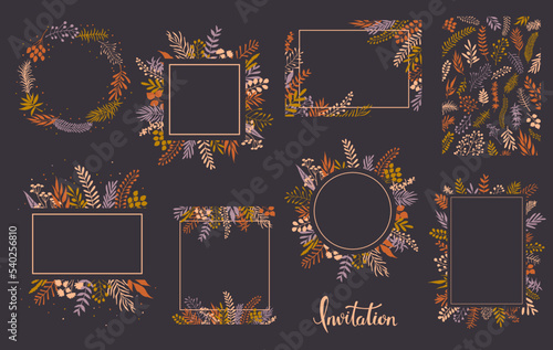 autumn fall thanksgiving frames borders floral botanical foliage branches backgrounds set, vector illustration graphics
