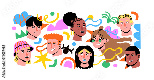 Diverse happy young people team with colorful abstract shapes on isolated background. Modern illustration of trendy women and men group for teamwork, art community or business creativity concept.