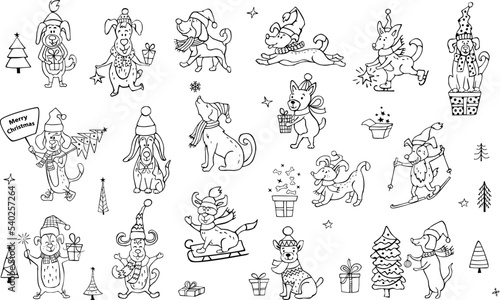 christmas dog drawing vector illustration set